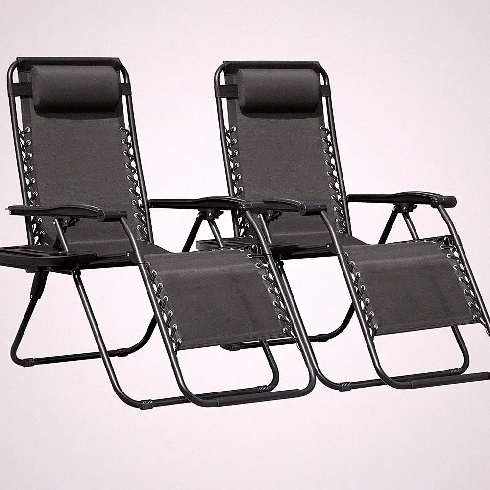 2 Adjustable Zero Gravity Chairs Steel Mesh Recliners with Cup Holders Black