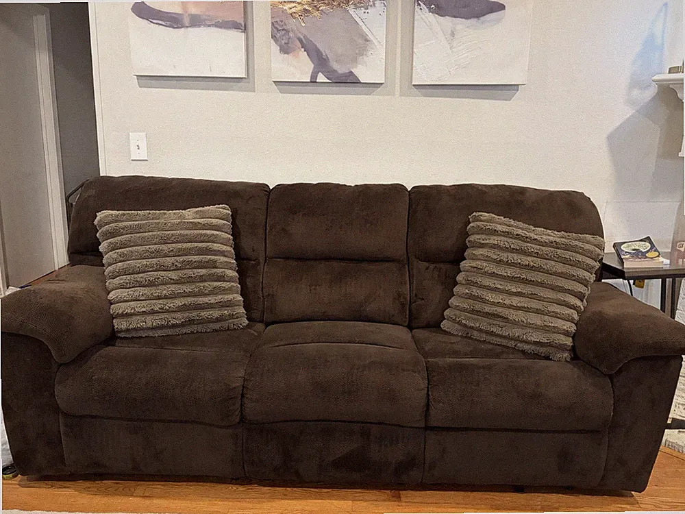 Brown Microfiber Manual Reclining Couch with Matching Recliner Chair