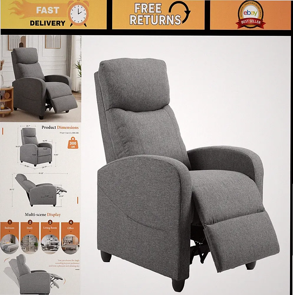 Cozy Fabric Recliner Chair with Lumbar Support, Adjustable Push Back Sofa for Li