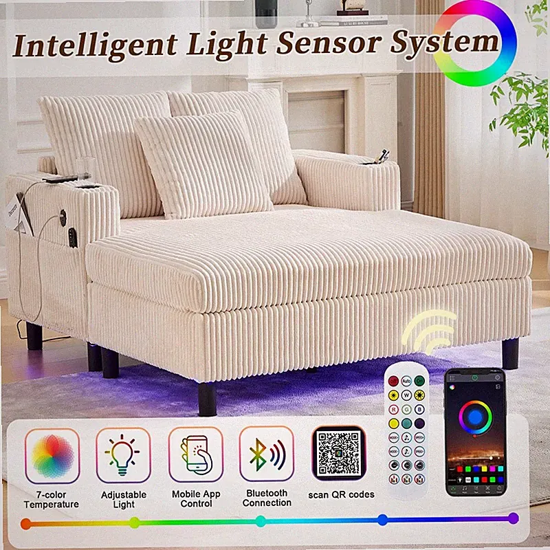 Modern Corduroy Oversized Recliner Sofa Deep Seat with LED Light,USB,Cup Holder