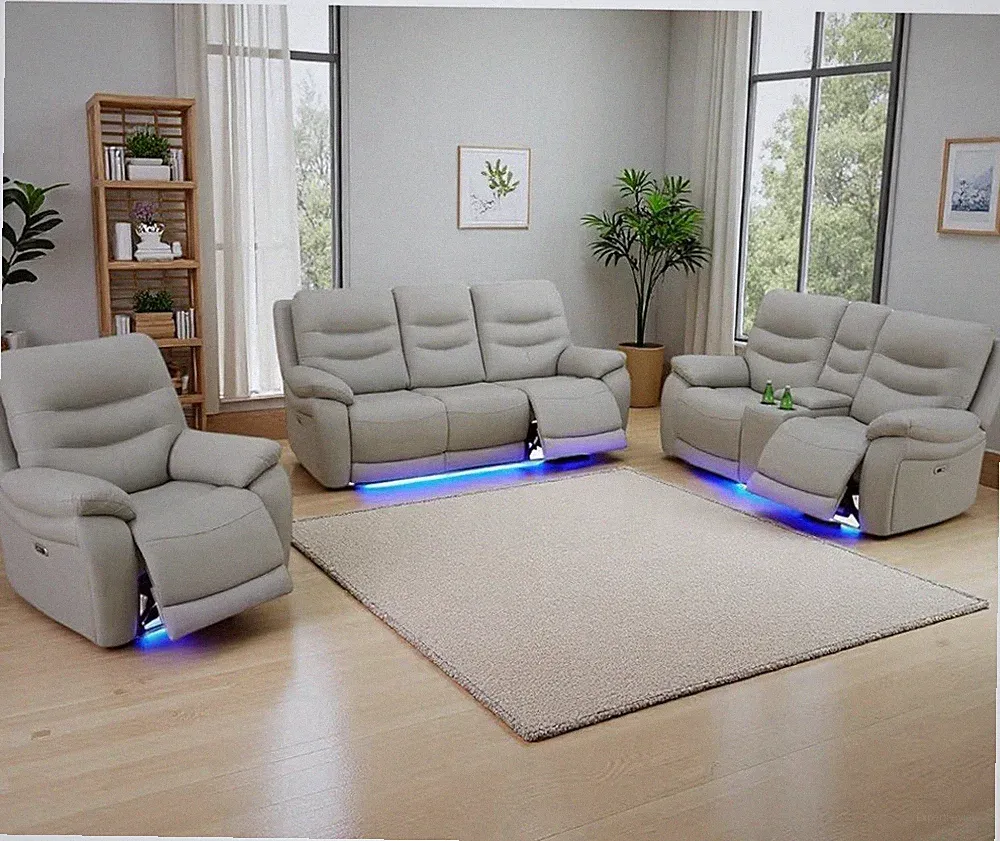 NEW Beige Gray LED Power Recliner & Adj Headrest 3PC Sofa