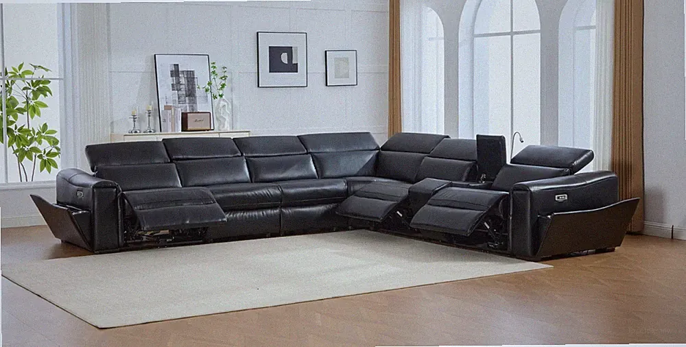 NEW Black 142" Wide Modern Power 3-Recliner Sectional Adj Headrests & BT Speaker