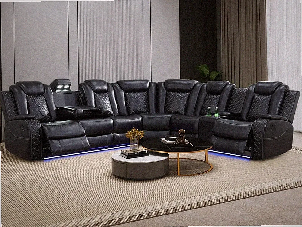 NEW Oversized 125" Wide Black LED Power Recliner Sectional Set Wireless Charging
