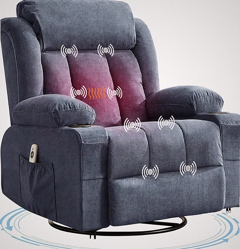Oversized Rocker Recliner with Heat & Massage, USB Ports, Blue