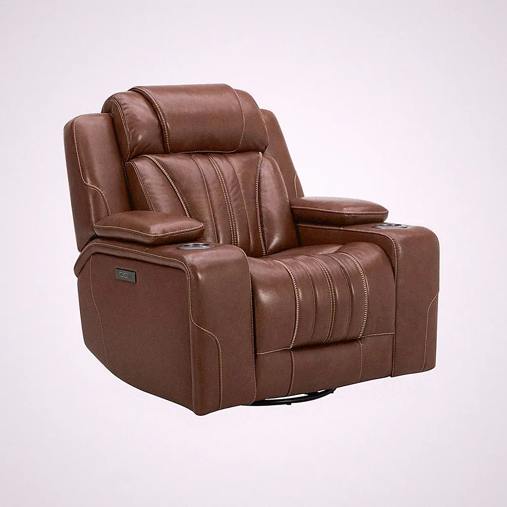 Recliner Armchair with Power Recline, Charging Port - Nature Chestnut Leather