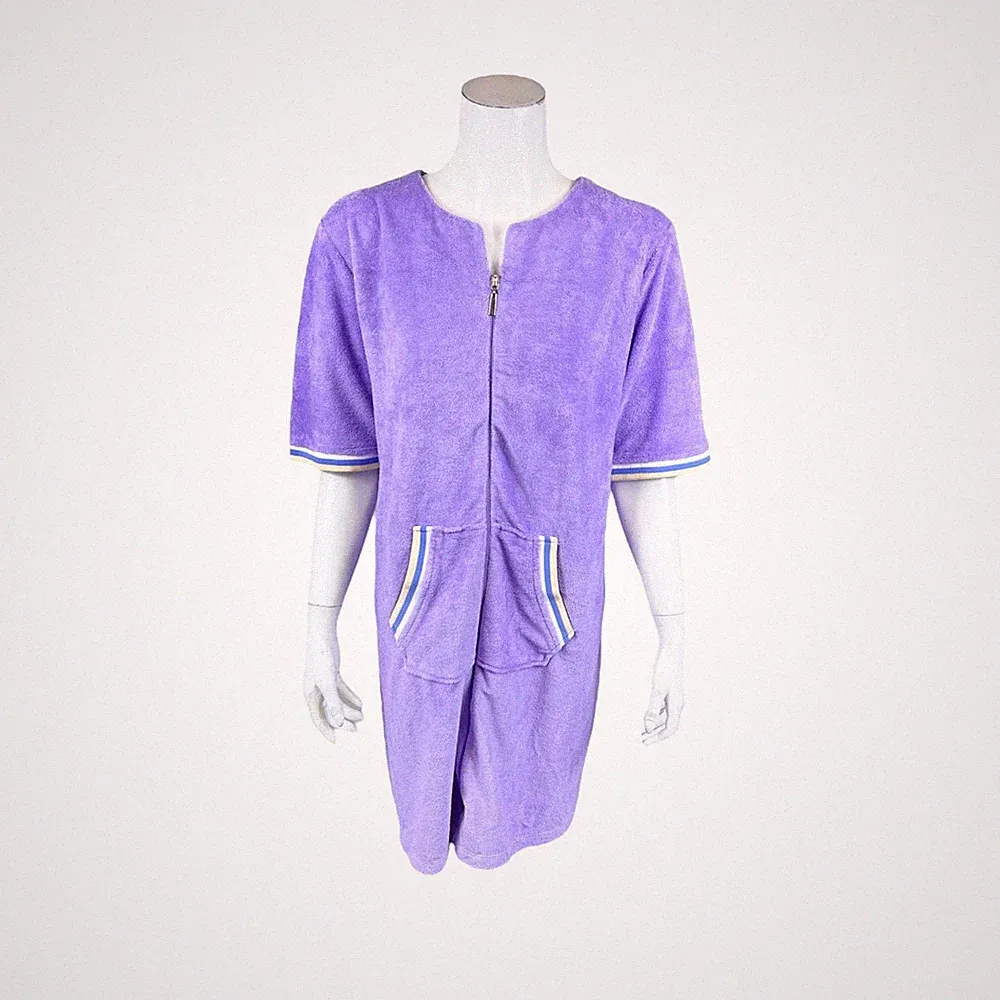 Stan Herman Women's Whisper Terry Length Zip Lounger w/ Rib Trim Lilac PXL Size